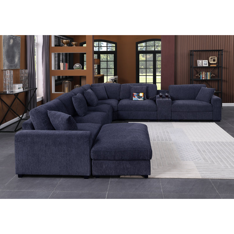 Modern Upholstered Cloud Modular Corner Sectional Sofa With Consoles, 36" H x 162" W x 137" D, Dark Blue Chenille