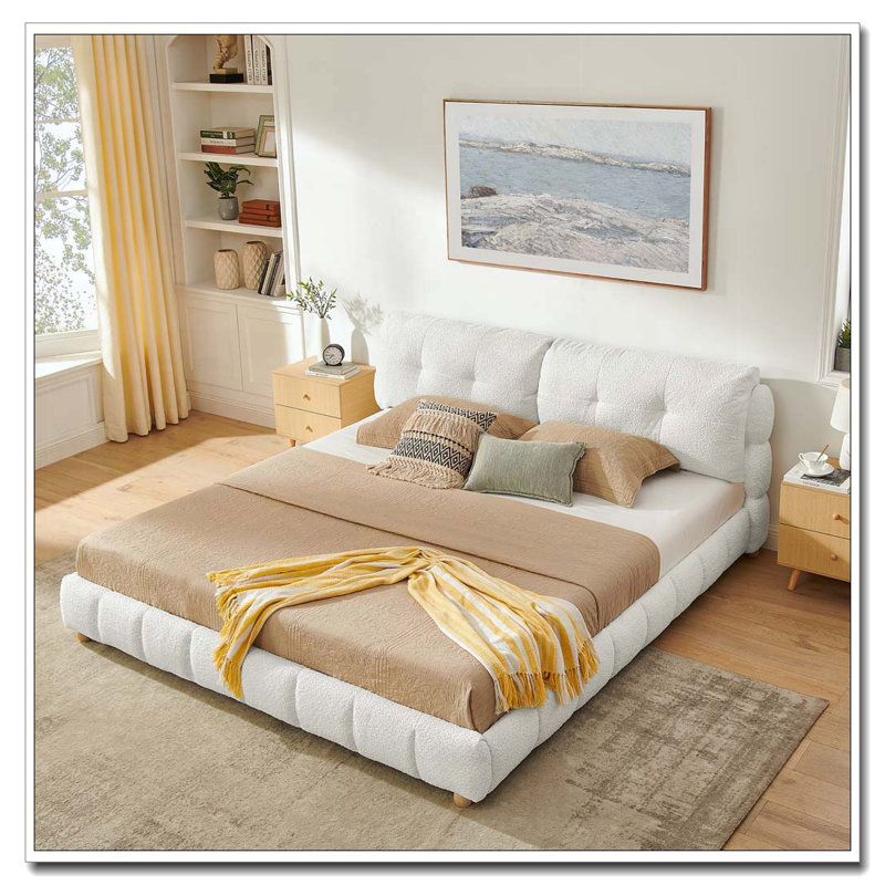 Lit plateforme en tissu crème de style bouclé, Grand lit