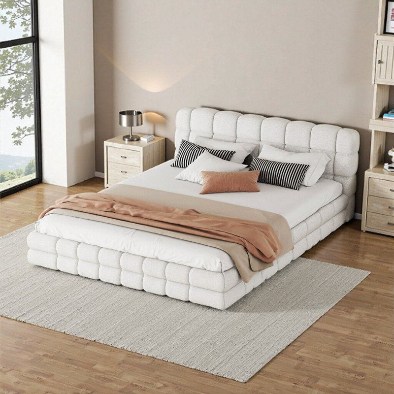 Cadre de lit plateforme grand tapissier avec tête de lit matelassée, blanc - aucun sommier requis, Blanc