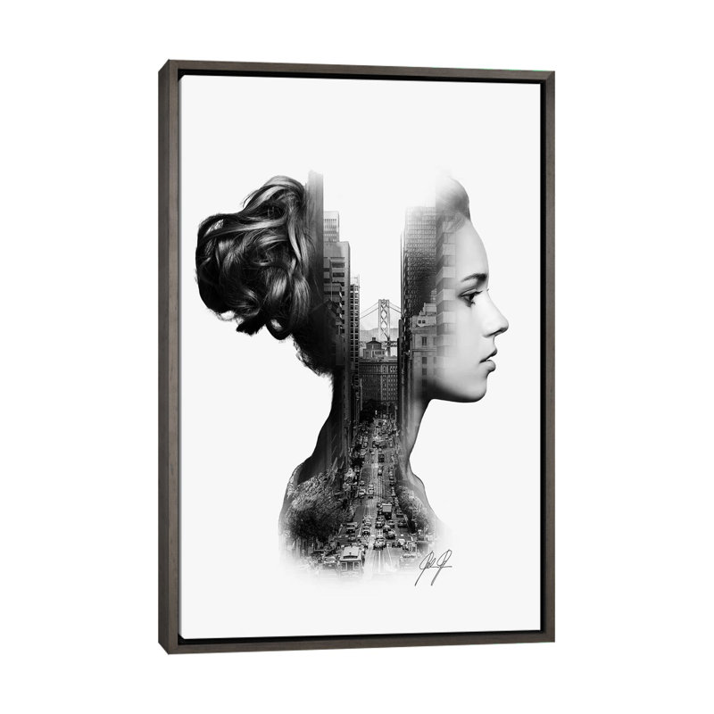 Impression d’art graphique « profile I » par Kathrin Federer, Toile encadrée de bois rustique foncé, Pas de tapis