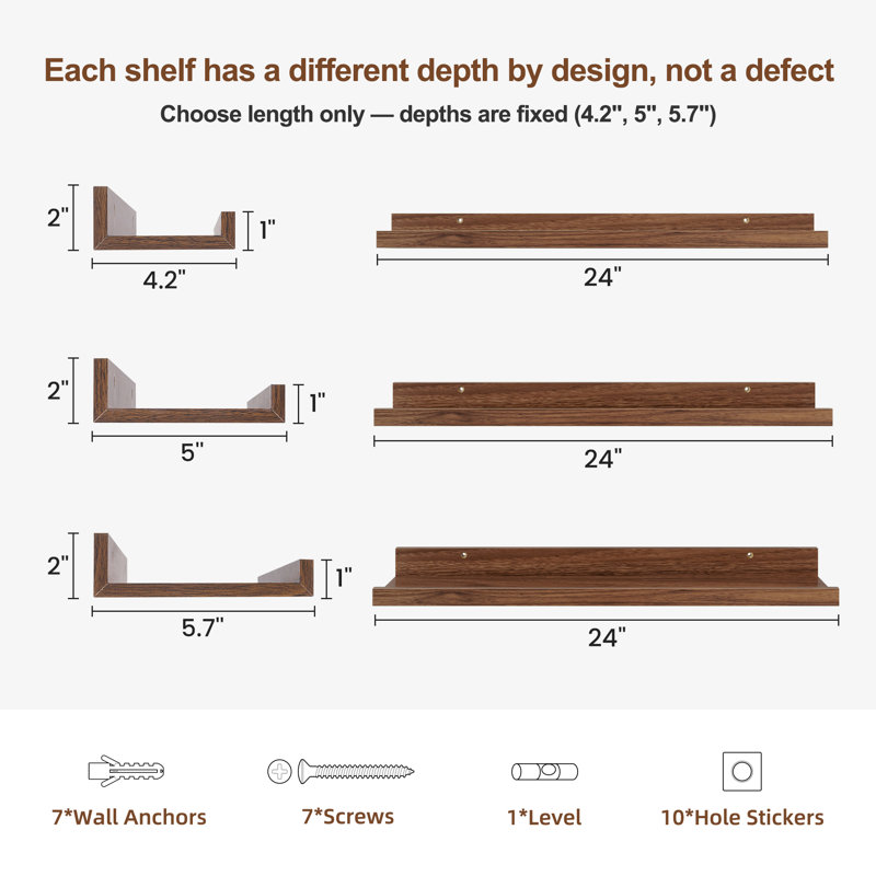 Parece Wall-Mounted Floating Shelves for Bedroom, Living Room, Walnut, 2" H x 24" W x 5" D
