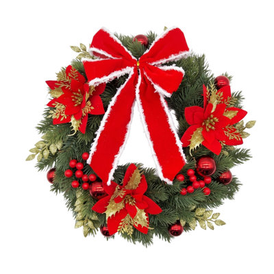 Couronne de Noël artificielle de 45 cm (17,7 pouces) pour porte d'entrée, ornée d'un nœud rouge et blanc, de poinsettias rouges, de boules brillantes et de baies rouges. Décoration hivernale pour mur, fenêtre ou porche.