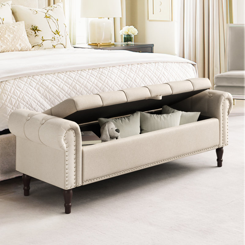 Banc de rangement rembourré Dawsey, Lin graine de lin, H 20,7 po x l 62,4 po x P 20,1 po
