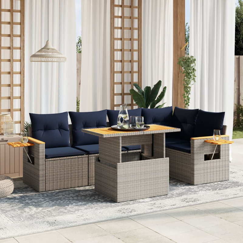  Ensemble de canapé de patio 6 pièces avec coussins en rotin de polyester, Gris, Bleu