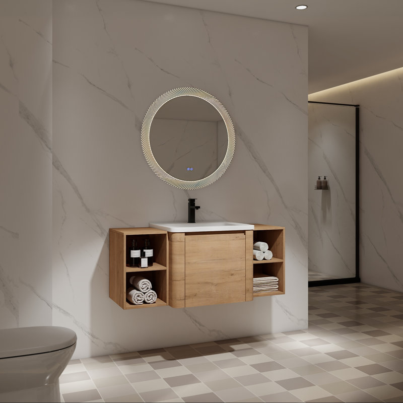 Meuble-lavabo mural avec lavabo en céramique, deux tablettes et porte à fermeture en douceur, 48"