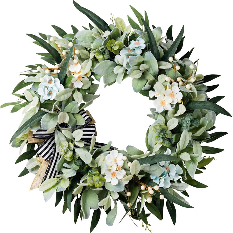 Couronne de 20 pouces pour oreilles de mouton - Vert - Décoration de porte et de mur artificielle pour un style maison de campagne à l'année, intérieur / extérieur