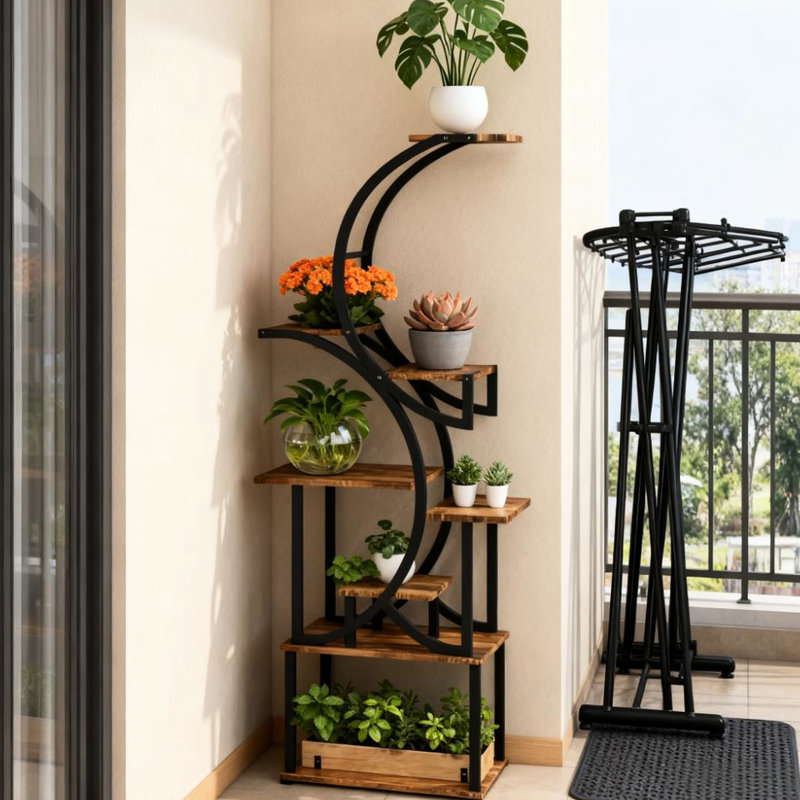 Support à plantes à 8 niveaux avec design en forme de S, combinaison d'acier, convient aux coins, polyvalent pour les articles de décoration