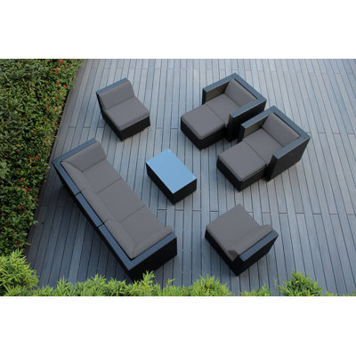 Ensemble de conversation en osier pour 7 personnes avec coussins Kiara