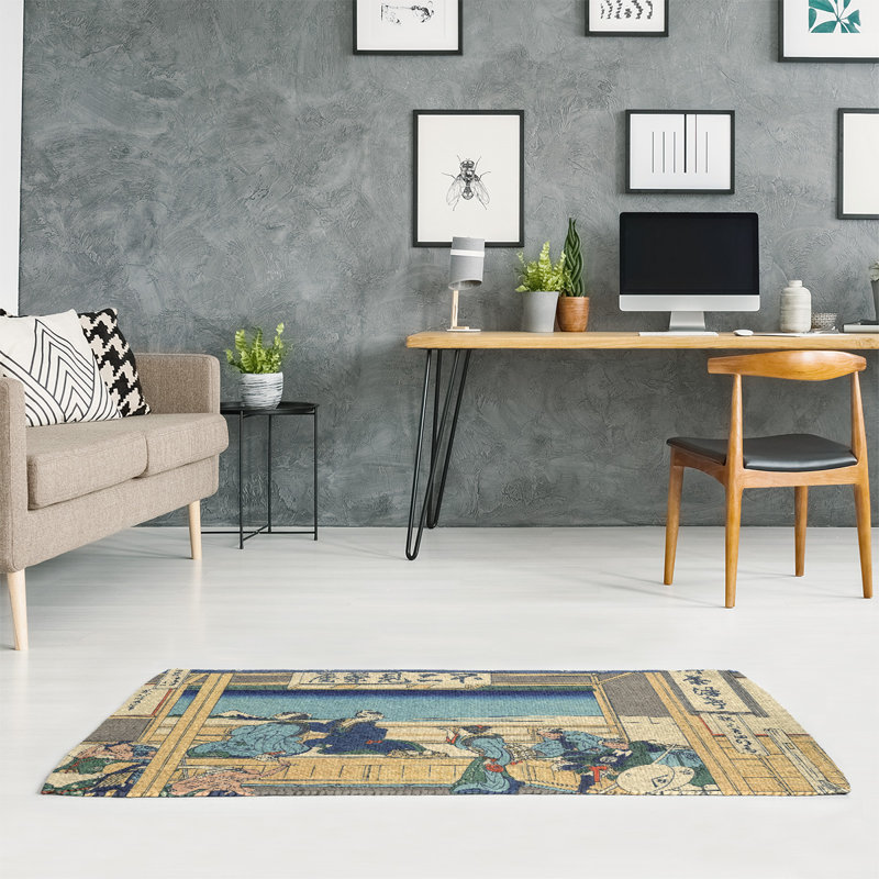 Tapis bleu / jaune / vert Yoshida at Tokaido, Rectangle 3 pi x 5 pi