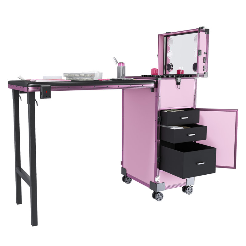 Portable Nail Art Table w/ LED Mirror, Bluetooth, Lockable Drawers, Telescopic Pole - Folding Manicure Station for Salons