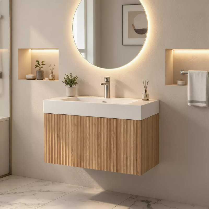 Meuble-lavabo mural de 30 po, vasque murale en contreplaqué, couleur acacia, armoire minimaliste pour petites salles de bain