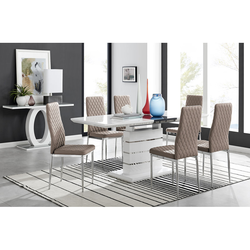 Everson Large High Gloss Extendable Dining Set with 6 Luxury Faux Leather Upholstered Dining Chairs, Cappuccino Beige