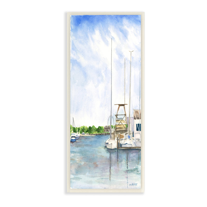 Bateaux au quai, paysage lacustre d'été, H 17 po x l 7 po, Plaque murale