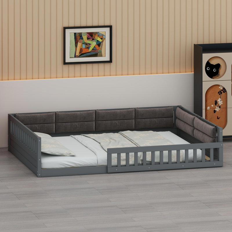 Lit plateforme tapissier avec garde-corps et coussin, Gris