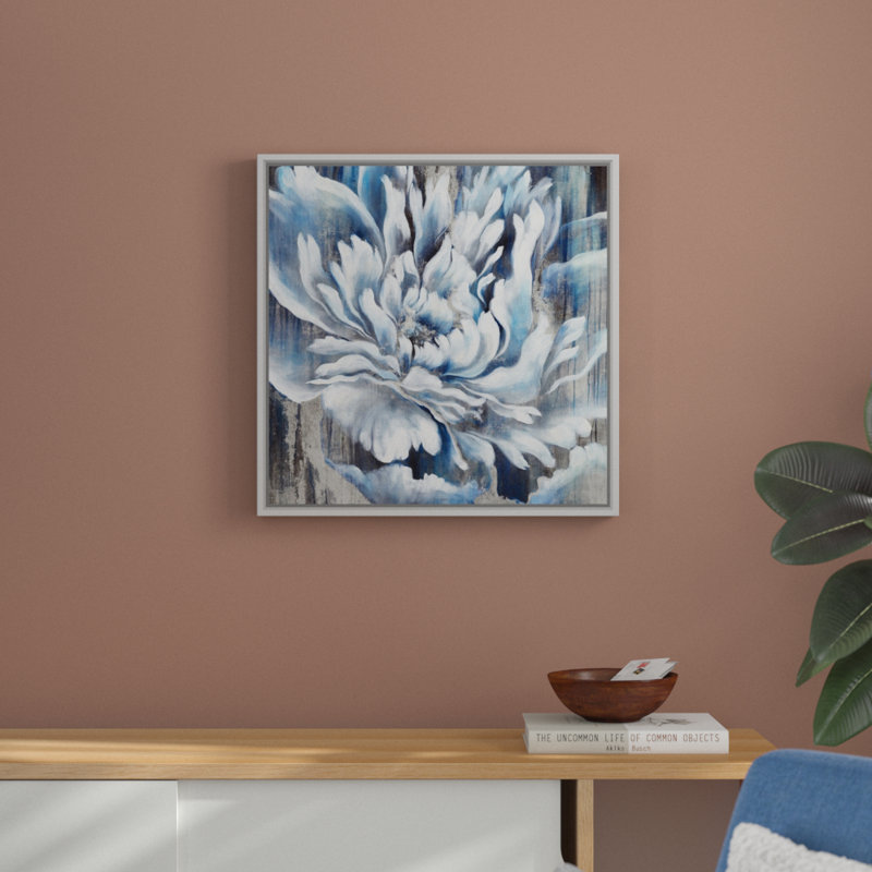 « indigo fleur iii », peinture sur toile, Cadre flottant blanc, H 25,7 po x l 25,7 po x p 1,75 po