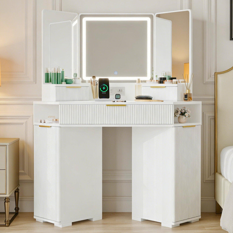 Corner Vanity with Mirror & Lights - Fluted Makeup Table with Charging Station, White