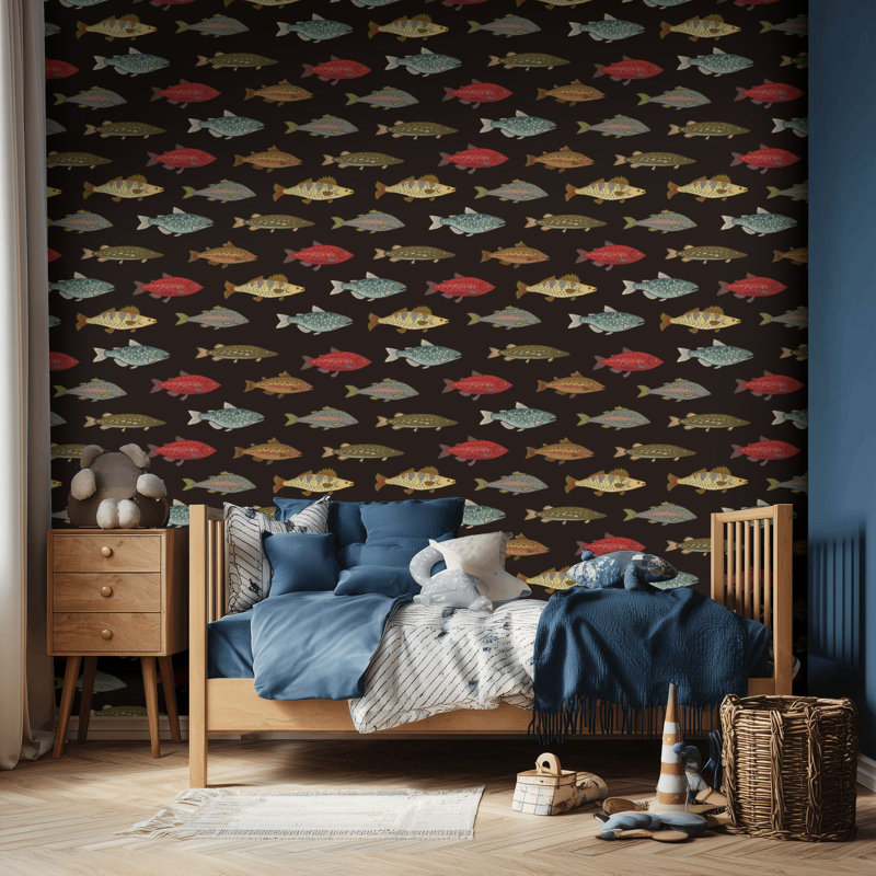 Papier peint adhésif décoratif motif de poissons, papier peint marin