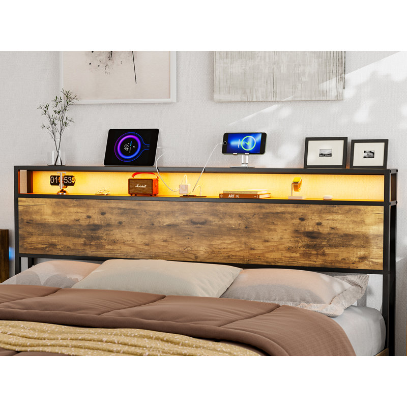 Kaiwei Storage Headboard With Led Lights & Charging Station - Industrial Metal And Wood, Black, King