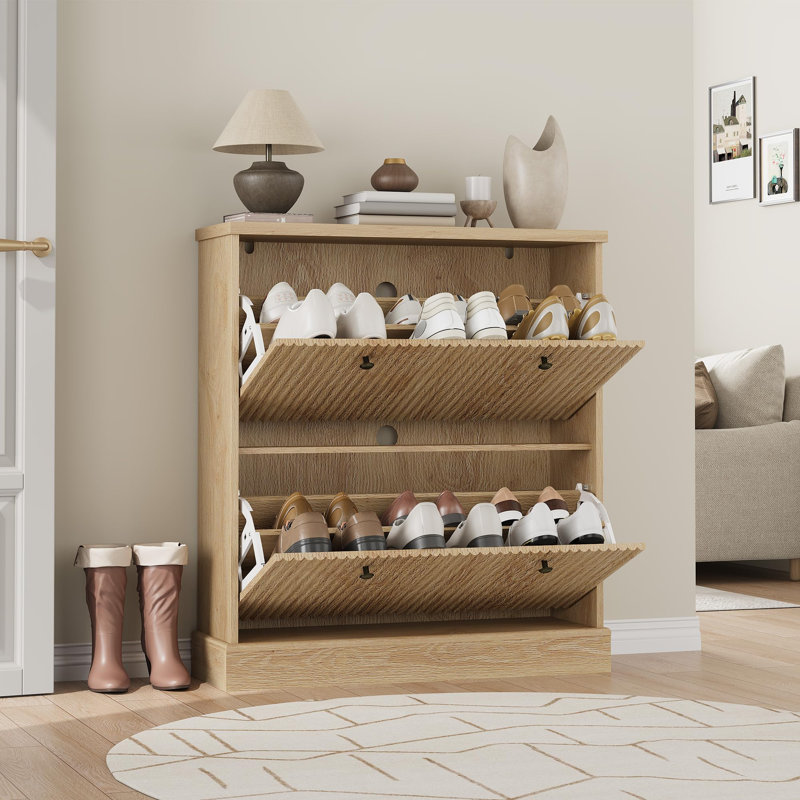 12 Pair Flip Down Shoe Storage, 90.5 cm H x 80.1 cm W x 25.4 cm D, Natural Wood