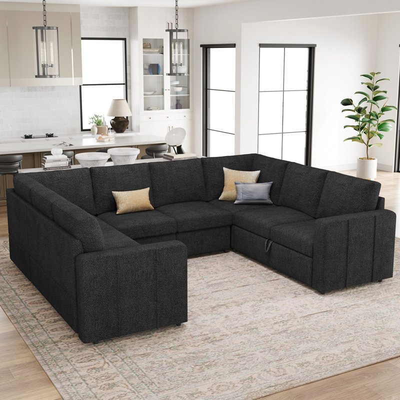 Seybert U Shaped Sofa Oversized Pullout Sofa Bed Modular Sectional Couch Convertible Sleeper, Dark Gray Chenille
