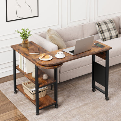 Table d'appoint pivotante à 360 ° avec station de charge, table de bout à 2 niveaux avec roulettes, pochette de rangement dissimulée et bureau mobile pour ordinateur portable