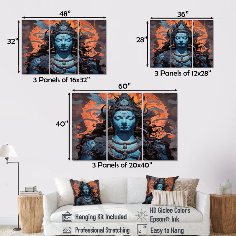 Portrait de Shiva bleu - ensemble de reproduction d'art de l'hindouisme, Toile tendue, H 32 po x l 48 po x P 1 po
