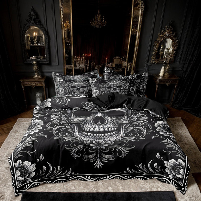 Housse de couette en microfibre damassée à motif de crânes de sucre gothiques avec 2 taies d'oreiller standard, taille Queen, fermeture éclair