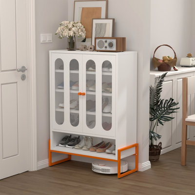 Modern Minimalist Double Door Shoe Cabinet With Adjustable Mesh Doors And High Foot Hollow Storage Cabinet Bottom, Compatible With Robotic Vacuum Cleaners