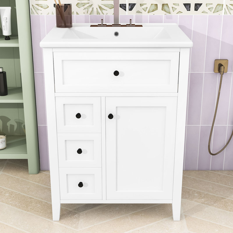 Bathroom Vanity with Sink, 4 Drawers and Adjustable Shelf, White/White