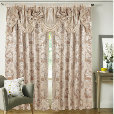GLORY RUGSJacquardLuxuryBlackCurtainSet-2Panels withAttachedValance,55x84" Each for Bedroom & Living