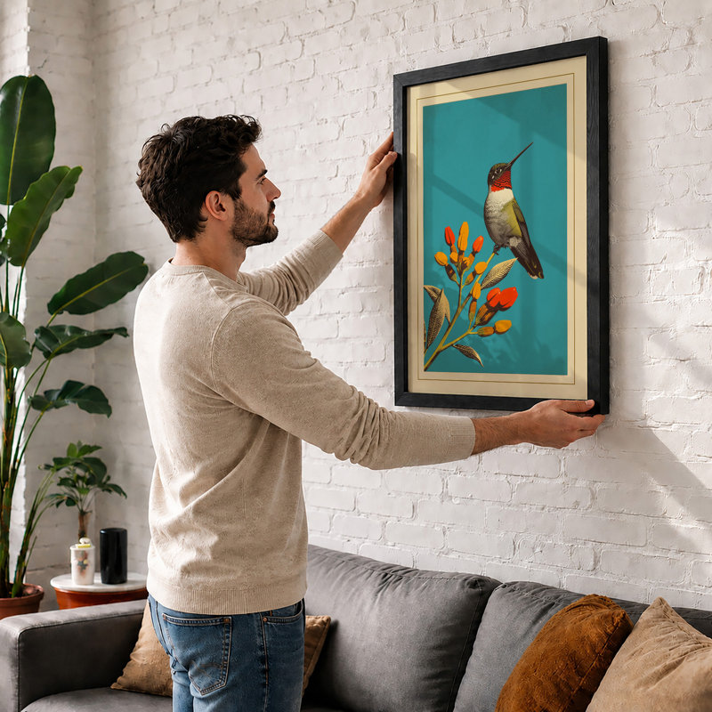 Hummingbird on Blossom Botanical - Framed Print, A1 - 84.1 x 59.4 cm, Black