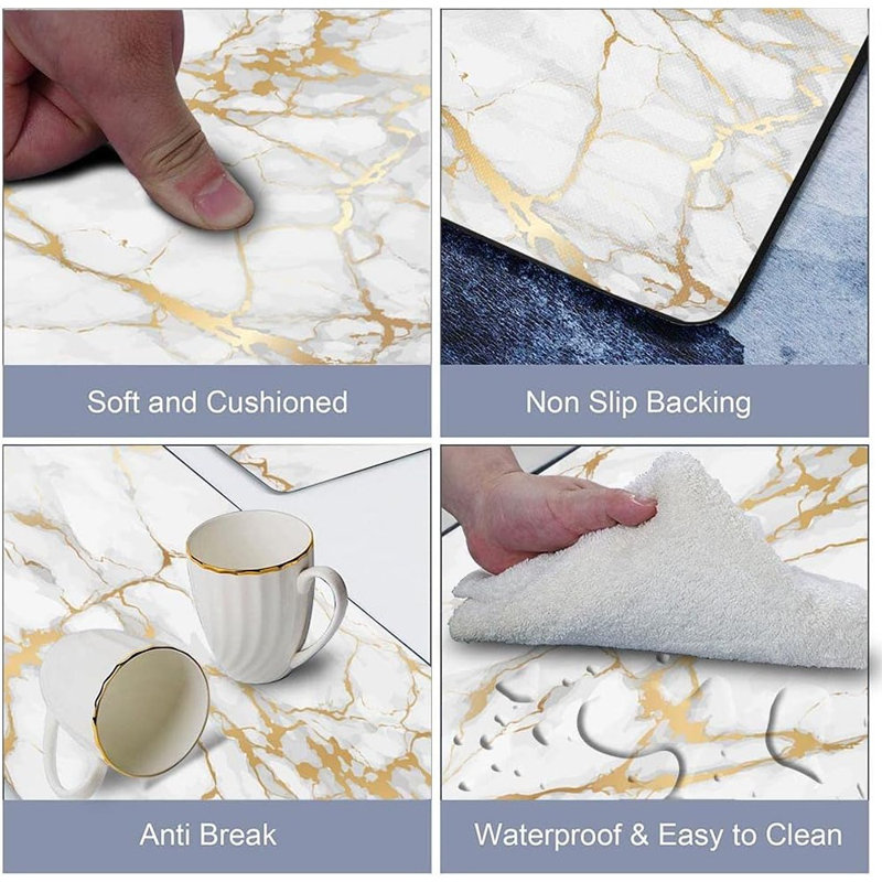 Ensemble de tapis de cuisine doré et blanc - 2 pièces, rembourré anti-fatigue, PVC marbré, antidérapant, imperméable, confort debout, cuisine / bureau / buanderie / évier