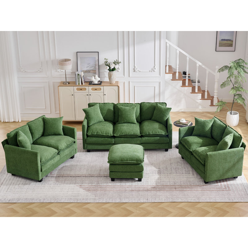 Ensemble de salon en nuage 4 pièces avec siège profond, 4 pièces: 2 causeuses, canapé 3 places, repose-p, Vert foncé