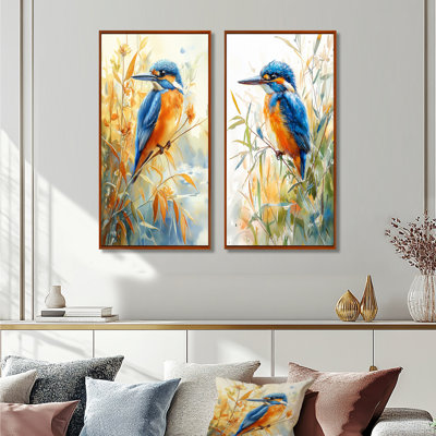 Martin-pêcheur bleu et orange dans les roseaux I - animaux, art mural 2 pièces