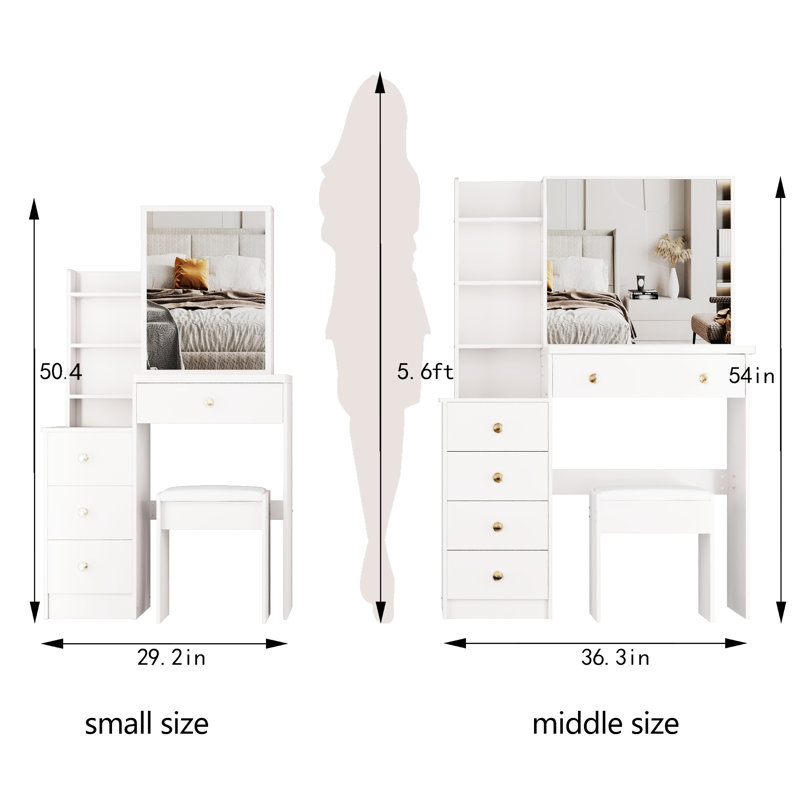 Compact Left Bedside Dresser Vanity, Includes Cushioned Chair & Extra Large Sliding Mirror, Multi-Layer Storage, Elegant White For Tiny Spaces Small Space- Cabinet Vanity Table, With Padded Stool Big