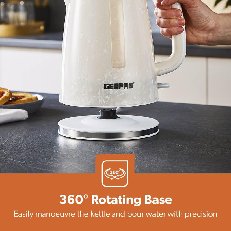 Geepas 1.7l 2200w Cordless Electric Kettle, 900w 2 Slice Bread Toaster Combo Set | 360° Rotational Base, Concealed Heating & Strix Control 7 Level Browning Control, Crumb Tray | Premium Design White