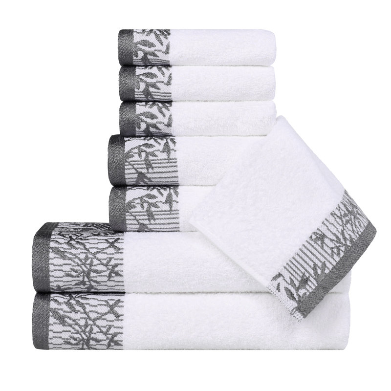 Carinna Cotton Medium Weight Floral Jacquard Border Assorted Bathroom Towel Set, 8 Piece Towel Set, White/Gray