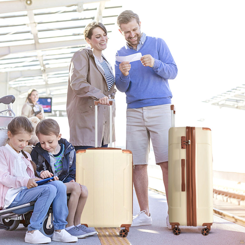 Valise rigide, valises en ABS léger et durable avec roues doubles, bagage à carreaux extensible de 24 po (brun blanc)
