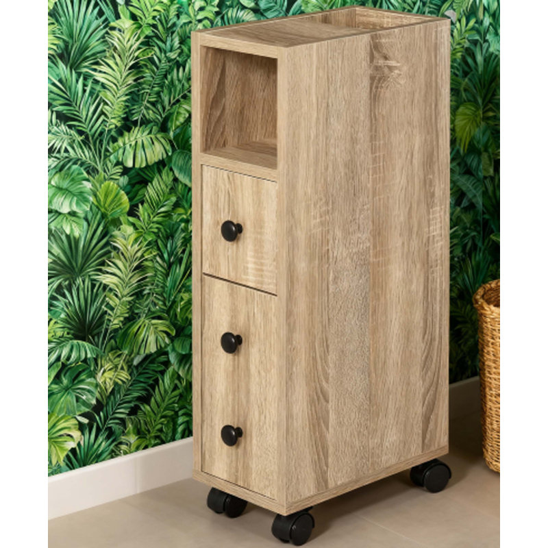 Armoire de salle de bain autoportante compacte avec plusieurs solutions de rangement et roulettes, finition grain de chêne
