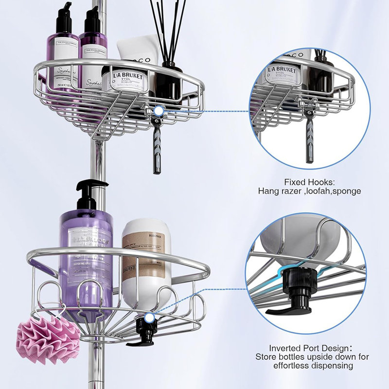 Corner Shower Caddy Tension Pole - Silver - 4-Tier Rustproof Stainless Steel Shower Organizer, Adjustable Floor-Standing Bathroom Shelves For Bathtub & Shampoo Storage