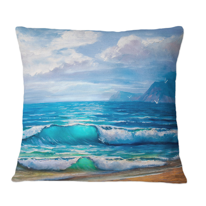 Lumière reflétant les vagues de la mer à la côte - Coussin décoratif imprimé nautique et côtier, 16 po x 16 po