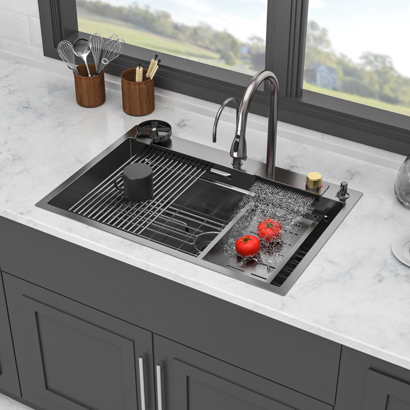 Lsi Drop-In Waterfall Kitchen Sink, 16 Gauge Stainless Steel, Single Bowl, 33X22X10 Inch, Gunmetal Black, Workstation With Pull-Out Faucet & Cup Washer