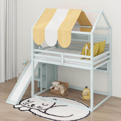 Full Size House Loft Bed With Canopy & Slide, Built-In Bookshelves, Playhouse Loft Bed With Storage