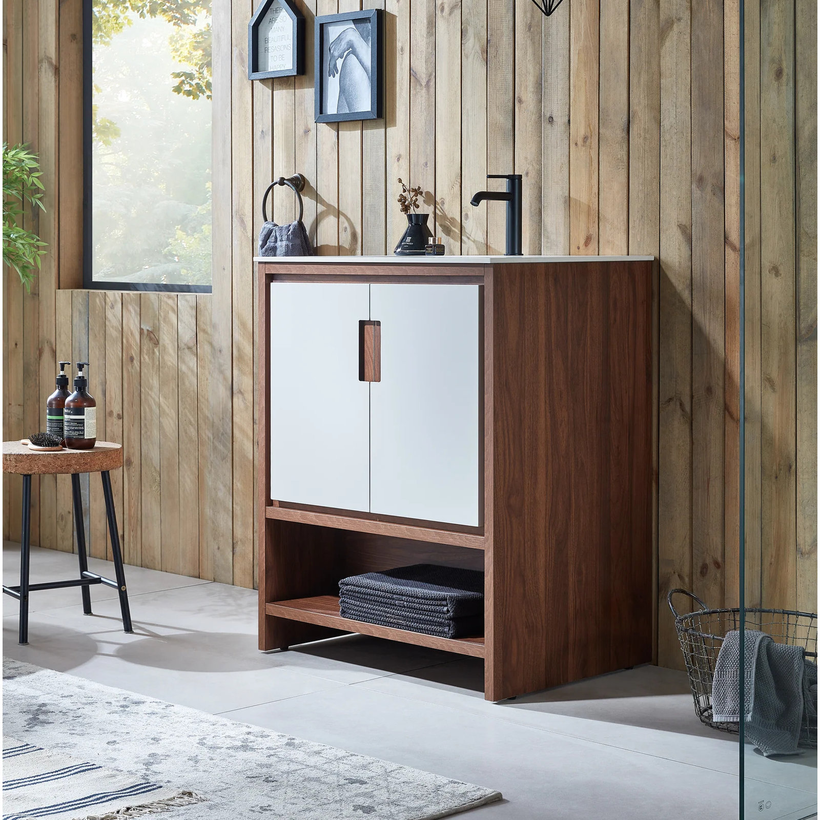 Diani 30" Single Bathroom Vanity, Beige/Walnut, White