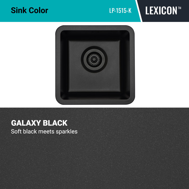 15" x 15" Quartz Kitchen Sink, Single Bowl Sink, Drop-in Sink, Undermount Sink, Granite Kitchen Sink, Black