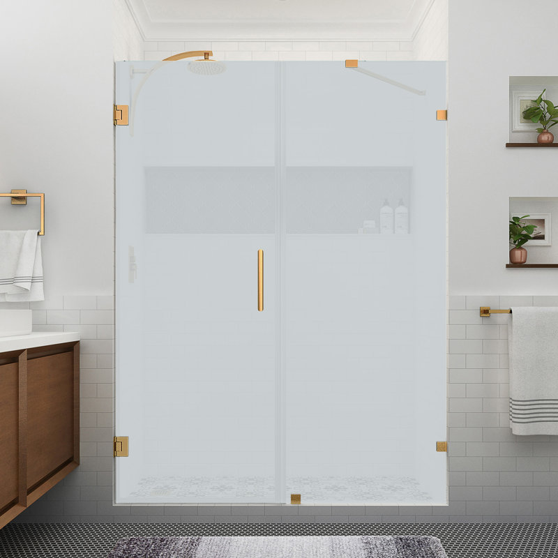Nautis XL 64.25" W x 80" H Hinged Frameless Shower Door with Ultra-Bright Frosted Glass, Brushed Gold
