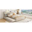 Grand lit tapissier beige avec rangement latéral, lit gigogne et lampes de lecture, tête de lit escamotable-1515646407
