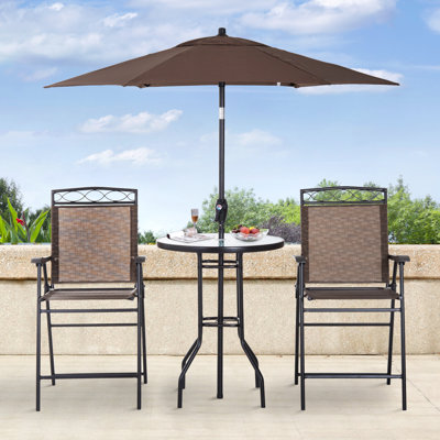 Outdoor Dining Collection - 2 Folding Chairs, Adjustable Umbrella, Tempered Glass Table, Brown. Robust Steel, Breathable Mesh. Make Your Poolside Inviting With Chairs Wave Textured Brown