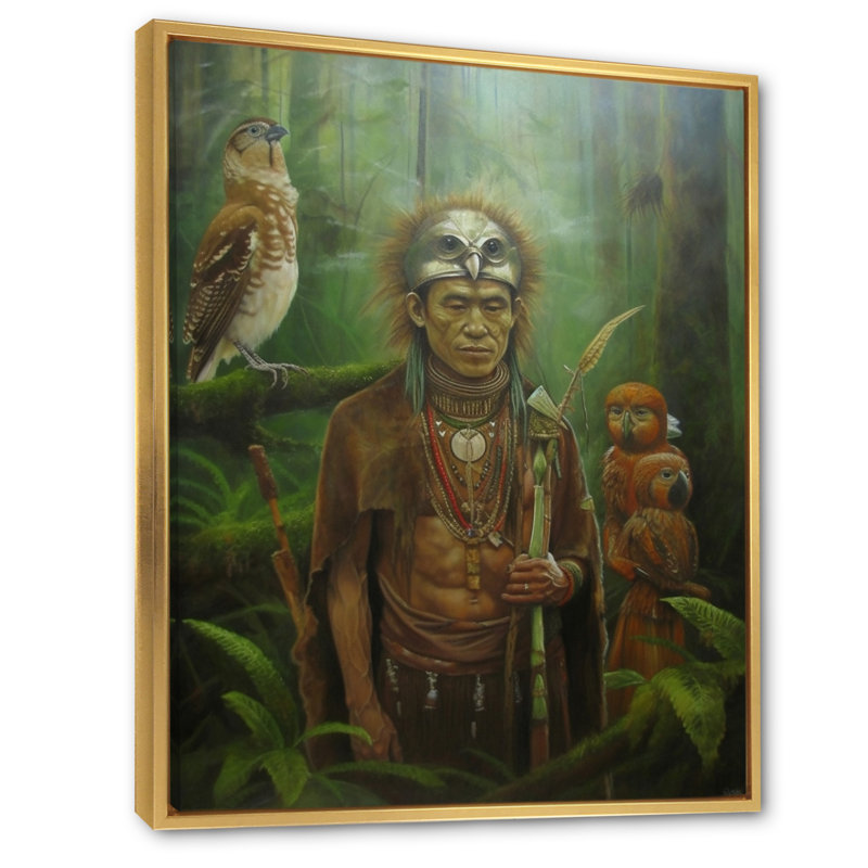 Chaman Amazonien, sagesse antique sur toile, H 44 po x l 34 po x P 1,5 po, Cadre flottant doré