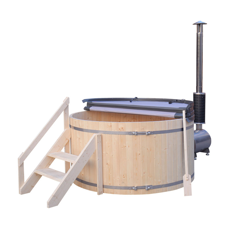 Round Pine Wood Fired Hot Tub and Ice Bath with Steps